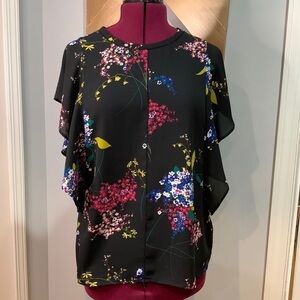 Worthington Black floral flutter sleeve blouse with open fretwork